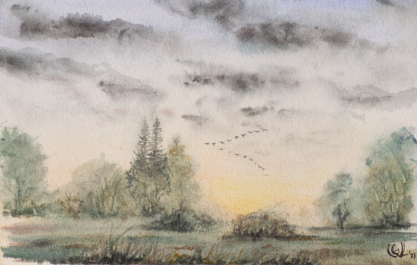 Gänse über dem Walddorf ohne Rahmen klein